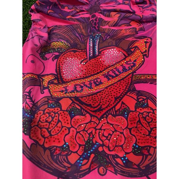 Knitro LOVE KILLS Rare Y2K Crystal Pink Tube Dress Made in USA One Size Clubwear - Picture 3 of 9